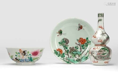 A GROUP OF THREE VASES, TWO BOWLS AND A DISH, some with Famille verte decoration, China, Kangxi period and later - Property from an old German industrialist collection, assembled between 1950 and 1990 - One bowl with hairlines, the dish with hairline and small chips to rim