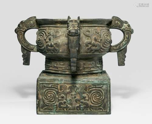 A BRONZE RITUAL VESSEL GUI IN ARCHAIC STYLE, China, probably Qing dynasty - Property from an old Diplomate collection, assembled in China prior 1970 - Partly corroded