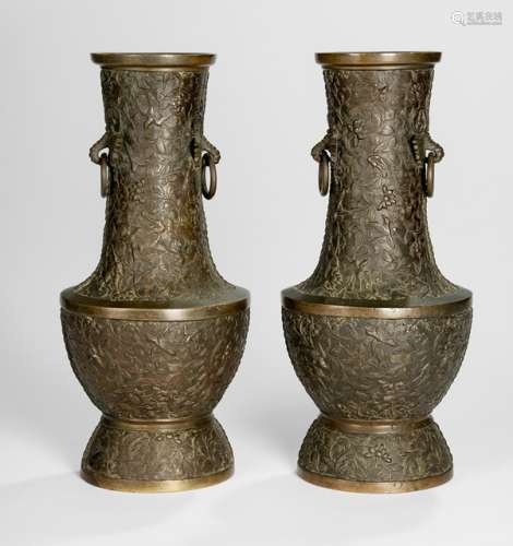 A PAIR OF BRONZE VASES WITH LOTUS AND BIRDS, China, Qing dynasty, two butterfly handles - Provenance: Former old North German private collection - Minor wear