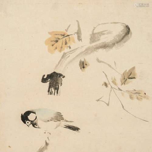 A PAINTING OF A BIRD BELOW A TREE IN AUTUMN, Japan, inscribed, ink and colors on paper, Meiji period - Property from an old German diplomate collection, bought in China between 1915 and 1917 - Mior traces of age