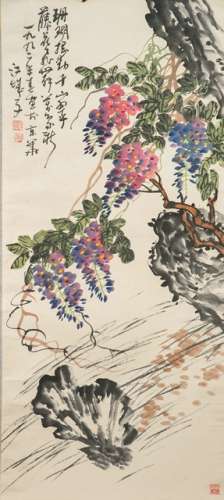 SIGNED JIANG CHENGZI, Grapes and Rock. Hanging scroll, ink and colors on paper. China, dated 1992. Two seals of the artist, one collector's seal. - Property from an old Italian private collection, assembled prior 1990