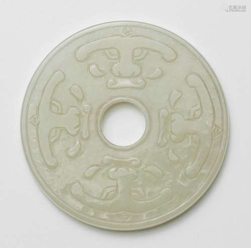 A CARVED BI JADE DISK IN ARCHAIC STYLE, China, ca. 18th ct. - Property from a German private collection, bought prior 1995 - Good condition