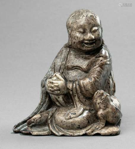 A LIVELY SOAPSTONE CARVING OF A SEATED LIU HAI WITH TOAD, China, late Qing dynasty - From a Dutch private collection, purchased in 1974  - Minor wear, slightly chipped