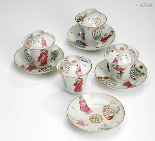 A SET OF FOUR PORCELAIN CUPS AND COVERS WITH SAUCERS INSCRIBED WITH POEMS AND DECORATED WITH HISTORICAL FIGURES, China, iron-red Daoguang four-character seal mark and period - Property from the estate of an old German private collection, assembled in the early 20th ct. - One cup with hairline, one cover with tiny chip to stand