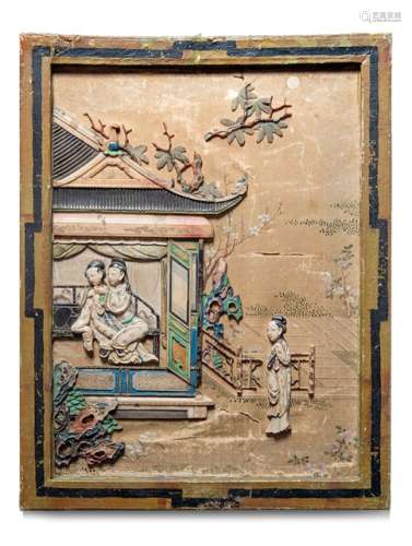 AN EROTIC SUJECT INLAID SOAPSTONE AND STONE PANEL, China, 18th/19th ct. - Property from an old Bavarian private collection, assembled by the father of the present owner till the 1980s - Damage due to age