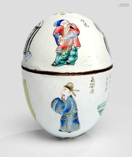 A RARE CANTON ENAMEL 'EGG' WITH INSCRIBED POEMS AND FIGURAL SCENES, China, 19th ct. - Former property from an old Berlin private collection - Very minor wear