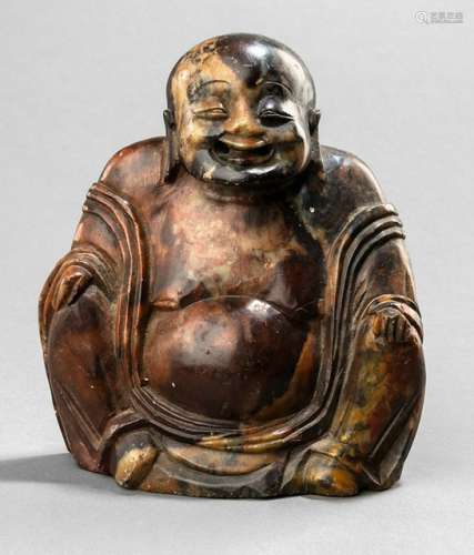 A CARVED SOAPSTONE FIGURE OF A SEATED LUOHAN IN THE MANNER OF BUDAI HESHANG, China - Property from a Dutch private collection, purchased in 1974 - Scratches of rough carving tools, minor chips