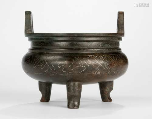 A SILVER-INLAID BRONZE CENSER, China, marked Shisou, 17th/18th ct.  - Property from a Dutch private collection, acquired before 1990 - Partly corroded, minor wear