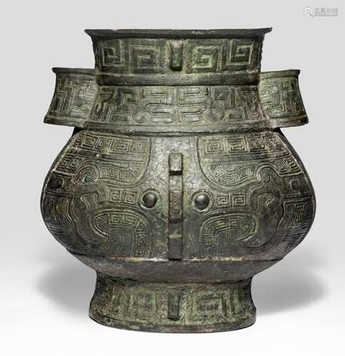 A HU-SHAPED BRONZE VASE IN ARCHAIC STYLE, China, probably Ming dynasty - Property from an old Diplomate collection, assembled in China prior 1970 - Repairs