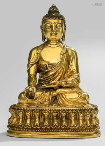 A GILT-BRONZE FIGURE OF BHAISAJYAGURU, Tibeto-Chinese, ca. 19th ct. - Property from a South German private collection, assembled prior 1990 - Minor wear, very slightly chipped