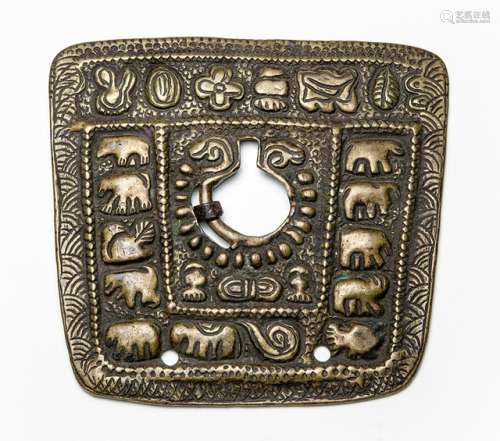 A BRONZE PLAQUE, TIBET, 17th ct. or earlier, the almost square plaque cast with a central hole for attachment surrounded by two bands depicting various animals and emblems - Property from an European private collection, bought in Italy 1971 -