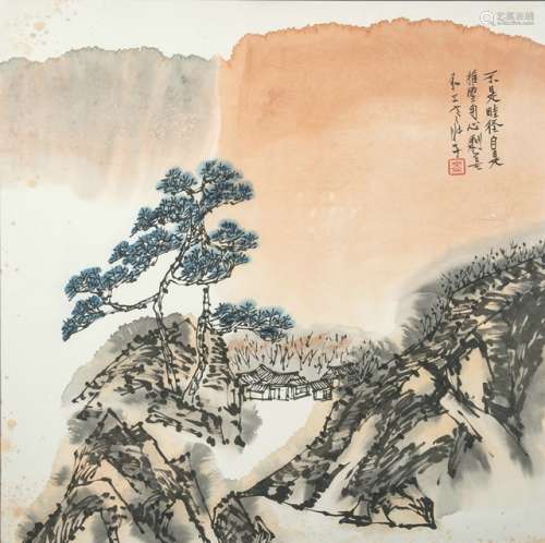 A LANDSCAPE PAINTING OF A MOUNTAIN VILLAGE, China, 20th ct. - Property from an old Berlin private collection - Slightly stained