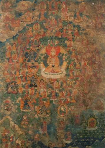 A THANGKA DEPICTING TSONGKHAPA AND HIS LINEAGE, Tibet, 18th ct. The centre with Tsong.kha.pa seated on a lotus base with his right hand in vitarkamudra and the left supporting an alms-bowl, wearing a monastic garment, surrounded by many different lamas, deities and lokapalas most placed on the lineage tree - Property from a German private collection - Traces of age, some wear