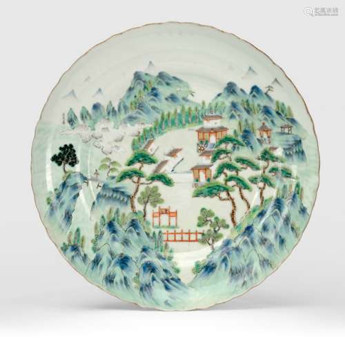 A PORCELAIN LANDSCAPE DISH, TWO BOWLS AND AN EXPORT PLATE, China, the dish with Daoguang mark, one bowl with Qianlong seal mark - Property from an old German industrialist collection, assembled between 1950 and 1990 - Qianlong bowl with hairline otherwise very few tiny chips