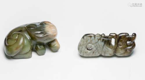 A JADE PENDANT IN THE SHAPE OF A STYLIZED DRAGON AND A JADE CARVING OF A HORNED BEAST, China, Western Han Dynasty and later - Provenance: Property from an important German private collection, acquired at Ralph M. Chait Galleries, New York, 3 October 1967 - Minor traces of age