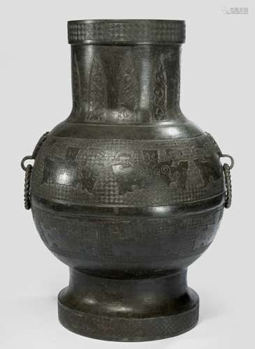 A LARGE HU-SHAPED BRONZE VASE IN ARCHAIC STYLE, China, ca. 18th ct. - Property from an old diplomat collection, assembled in China prior to 1970 - Minor wear, slightly chipped