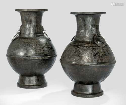 A PAIR OF HU-SHAPED BRONZE VASES IN ARCHAIC STYLE, China, Ming/early Qing dynasty - Provenance: Property from an old diplomat collection, assembled in China prior 1970 - Few small repairs, wear
