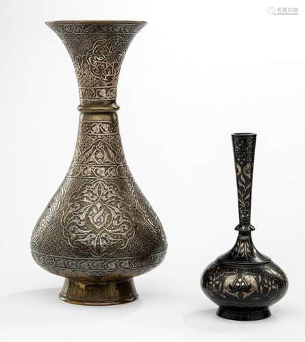 TWO SILVER-INLAID VASES