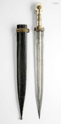 AN IVORY GRIP AND LEATHER SCABBARD DAGGER