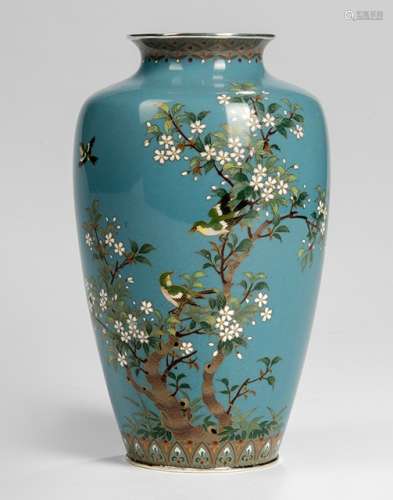 A SILVER-MOUNTED  CLOISONNÉ ENAMEL VASE DECORATED WITH BIRDS AND A FLOWERING PRUNUS