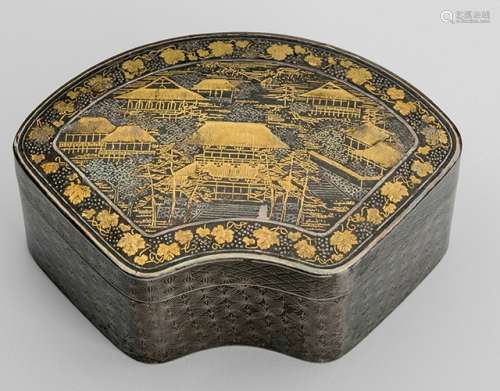A FAN-SHAPED IRON BOX AND COVER IN KOMAI STYLE DECORATED WITH A TEMPLE SITE