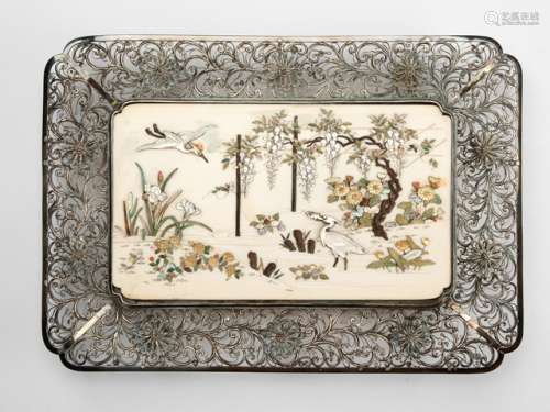 A SMALL SHIBAYAMA-STYLE IVORY TRAY MOUNTED IN A FLORAL PIERCED SILVER FRAME