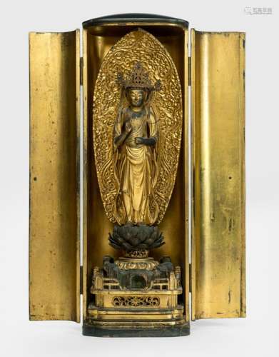 A LACQUERED ALTAR WOODEN SHRINE WITH A GILT-WOOD FIGURE OF STANDING KANNON