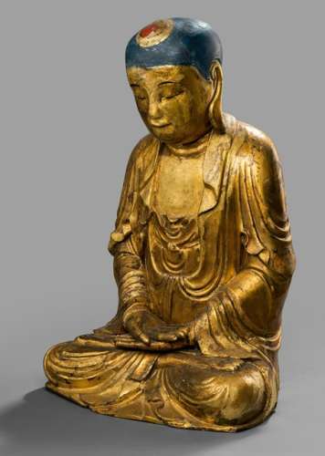 A GILT AND POLYCHROME WOOD FIGURE OF BUDDHA SHAKYAMUNI