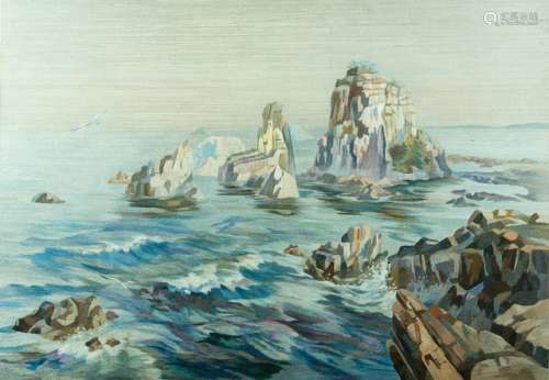 A SILK EMBROIDERY OF A SHORE WITH ROCKS AND A SEAGULL