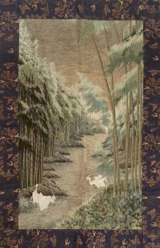 A FINE LARGE SILK EMBROIDERY WITH WHITE EGRETS