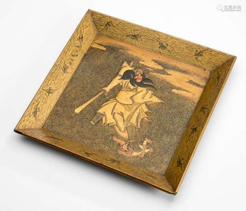 A SQUARE-SHAPED TRAY WITH GOLD LACQUER DECORATION OF SHÔKI AND AN ONI