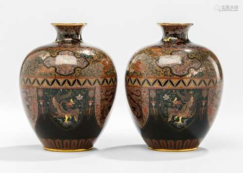 A PAIR OF CLOISONNÉ VASES DECORATED WITH MYTHICAL BEASTS AND BROCADE PATTERNS
