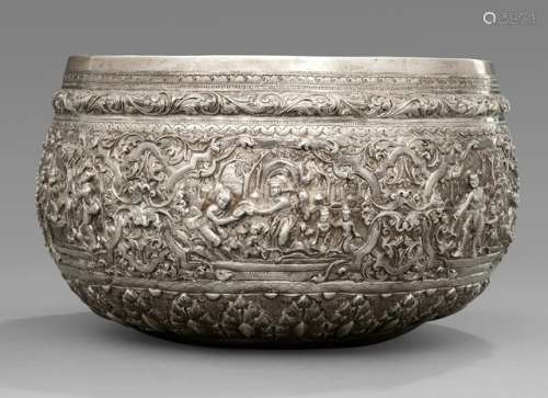 A LARGE SILVER BOWL WITH FIGURAL SCENES IN CARTOUCHES