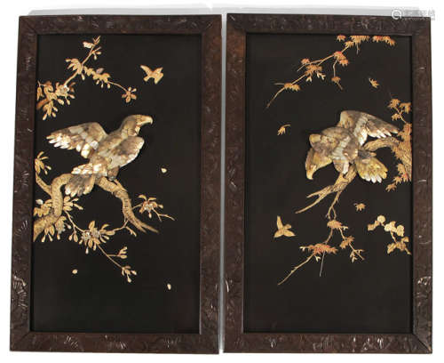 A PAIR OF LACQUER PANELS WITH INLAID DECORATIONS OF EAGLES SEATED ON BRANCHES