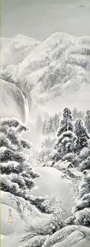 A PAINTING OF A SNOW-COVERED MOUNTAINOUS WINTER LANDSCAPE