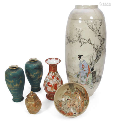 FIVE DIFFERENT DECORATED PORCELAIN VASES AND ONE BOWL