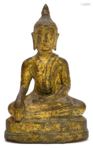 A BRONZE FIGURE OF SEATED BUDDHA WITH RESTS OF GILDING
