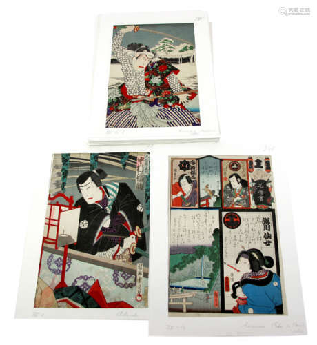 A GROUP OF VARIOUS COLOURED WOODBLOCK PRINTS AND BOOK PAGES BY VARIOUS ARTISTS