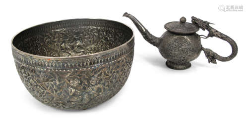 A SILVER BOWL AND JUG WITH HANDLE IN SHAPE OF A DRAGON
