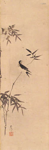 AN INK PAINTING ON PAPER OF A SWALLOW AND BAMBOO