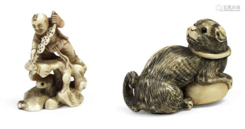 TWO IVORY NETSUKE OF SEATED PUPPY WITH A BALL AND A KARAKO WITH A TOAD STANDING ON A ROCK