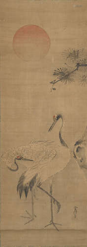 A PAIR OF CRANES UNDER THE SUN IN THE STYLE OF KANO TSUNENOBU (1636-1713)