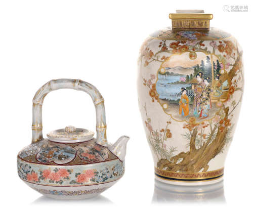 A SMALL SATSUMA EARTHENWARE POT WITH COVER AND A SATSUMA EARTHENWARE VASE WITH FIGURAL DECORATION
