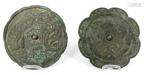 TWO BRONZE MIRRORS DEPICTING PHOENIX AND DRAGON AND TWO PHOENIX