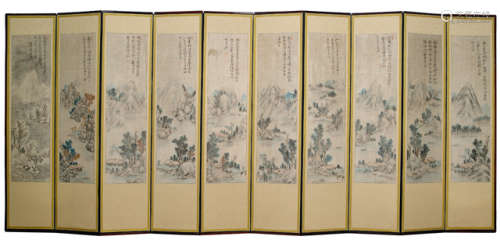 TWO FOLDING SCREENS WITH LANDSCAPE AND FIGURE PAINTINGS