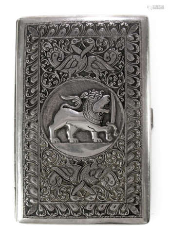 A SILVER CASE DEPICTING ANIMALS AND TWINES