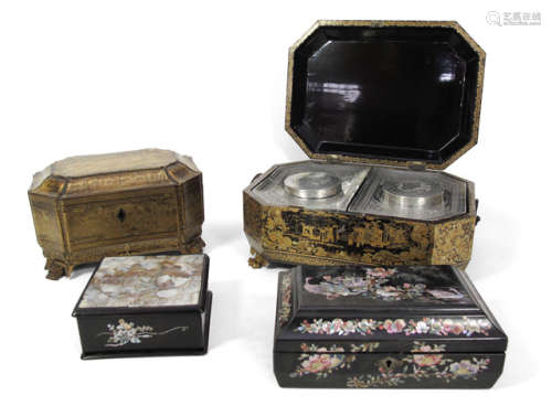 TWO LACQUERED TEA BOXES AND TWO BOXES AND COVER WITH MOTHER OF PEARL INLAYS