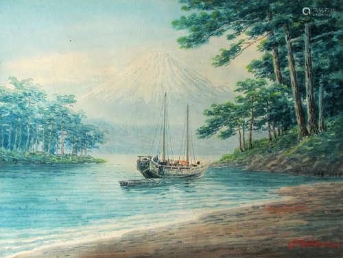 TWO PAINTINGS WITH VIEWS OF LAKES AND MOUNT FUJI