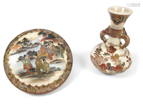 A SATSUMA EARTHENWARE BOX WITH FIGURAL DECORATION AND A SMALL VASE WITH FLORAL DESIGNS