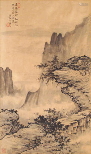 A PAINTING OF A WANDERER IN A MOUNTAINOUS LANDSCAPE